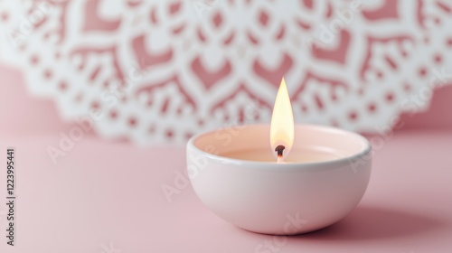 Soft Pink Candlelight and Delicate Lace Doily A Serene Atmosphere photo