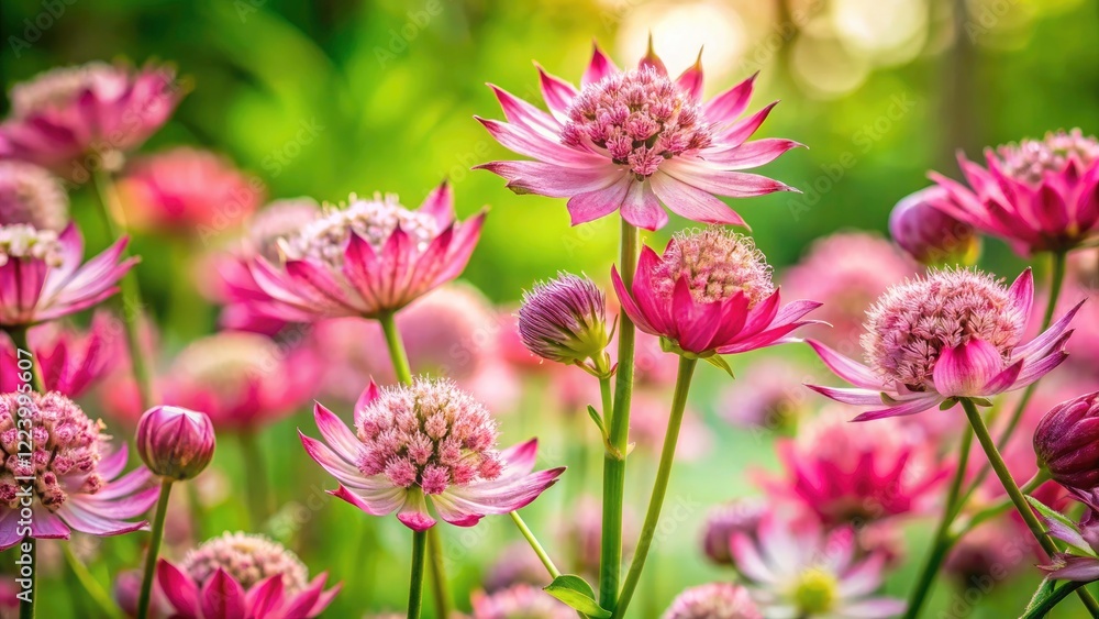 Beautiful Pink Great Masterwort Astrantia Major Flowering in a Lush Park Setting, Showcasing Nature's Vibrant Colors and Delicate Petals for Botanical Enthusiasts and Garden Lovers Beautiful Pink Great Masterwort Astrantia Major Flowering in a Lush Park Setting, Showcasing Nature's Vibrant Colors and Delicate Petals for Botanical Enthusiasts and Garden Lovers