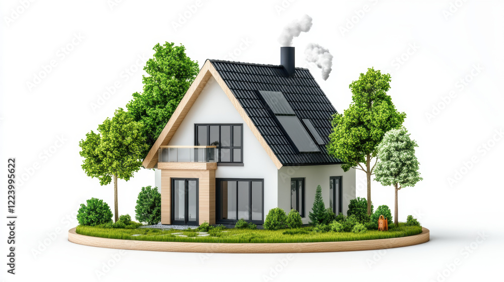 Eco friendly house with solar panels, surrounded by trees and greenery, showcasing energy efficiency and sustainable living Eco friendly house with solar panels, surrounded by trees and greenery, showcasing energy efficiency and sustainable living