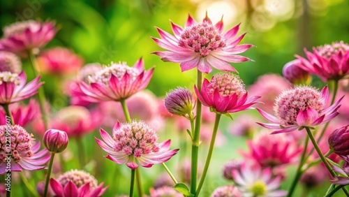 Beautiful Pink Great Masterwort Astrantia Major Flowering in a Lush Park Setting, Showcasing Nature's Vibrant Colors and Delicate Petals for Botanical Enthusiasts and Garden Lovers