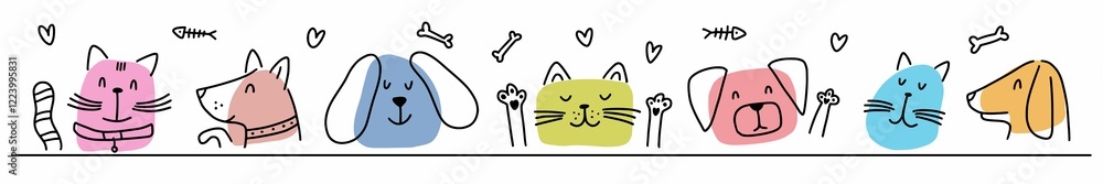Horizontal illustration of cat and dog faces hand drawn in doodle style Horizontal illustration of cat and dog faces hand drawn in doodle style