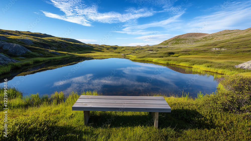 Obraz premium A clean, wooden bench beside a small, calm pond, reflecting the sky.