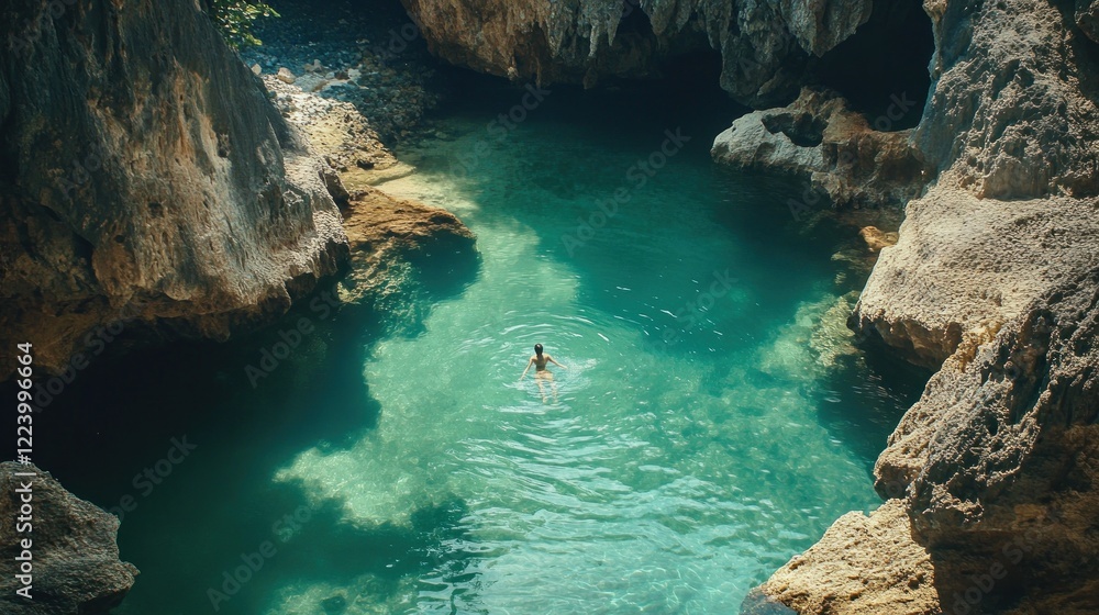 Woman swimming hidden cove lagoon, tropical cliffs Woman swimming hidden cove lagoon, tropical cliffs