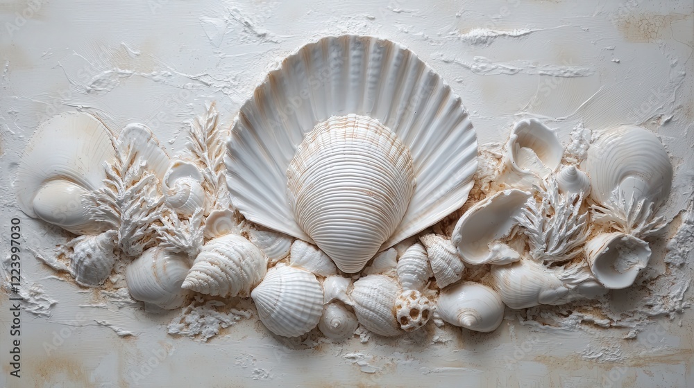 detailed view of a clam and surrounding beach seashells, emphasizing their natural elegance and the texture of these ocean finds detailed view of a clam and surrounding beach seashells, emphasizing their natural elegance and the texture of these ocean finds