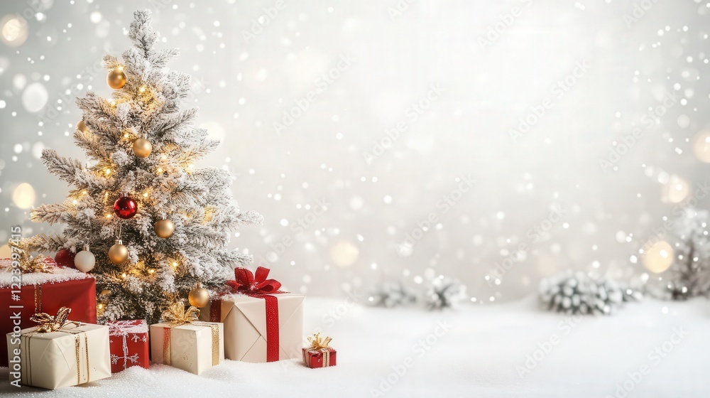 Christmas tree with twinkling lights and presents surrounding it on a bright white background Christmas tree with twinkling lights and presents surrounding it on a bright white background