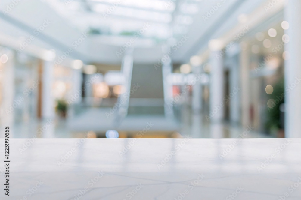 Empty table surface with space to arrange products, set against a blurred background of a shopping mall Empty table surface with space to arrange products, set against a blurred background of a shopping mall