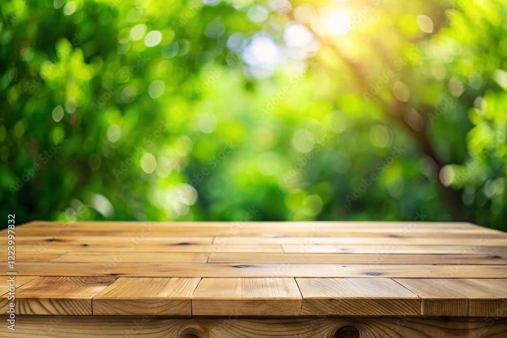 Wooden top with blurred green garden background can be used for mocking up or display product to make advertising. Wooden top with blurred green garden background can be used for mocking up or display product to make advertising.