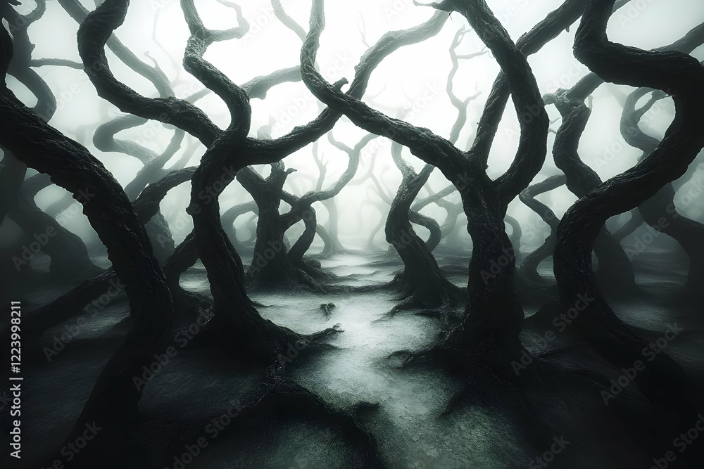 Naklejka premium Twisted trees, misty path, surreal forest, fantasy art