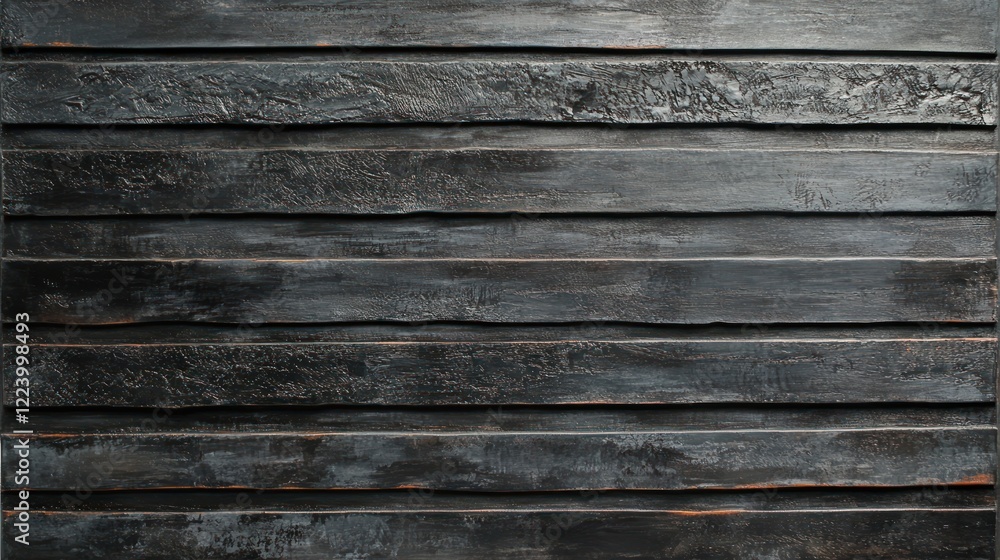 A textured black wooden panel with horizontal planks, showcasing a rustic appearance. A textured black wooden panel with horizontal planks, showcasing a rustic appearance.