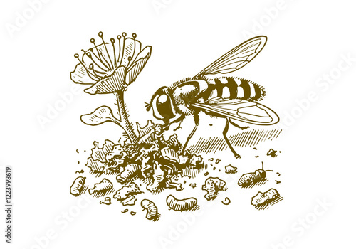 Hoverflies hand drawn Illustration Sketch Vector Isolated
