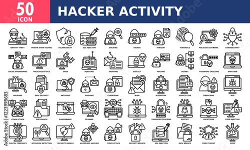 Hacker activity icon set collection. Simple line vector.