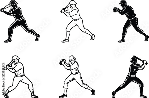 Beautiful Baseball playing set silhouette vector illustration, baseball playing line art vector, baseball playing vector icon design