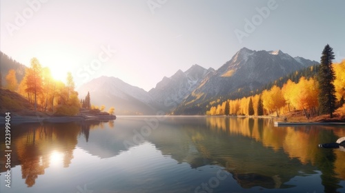 Golden Autumn Reflection: Serene Mountain Lake at Sunrise