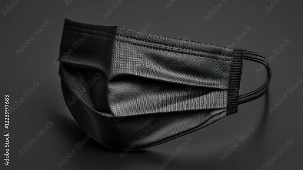 PM2.5 protect concept. Sleek Minimalist Black Face Mask on Dark Reflective Surface PM2.5 protect concept. Sleek Minimalist Black Face Mask on Dark Reflective Surface