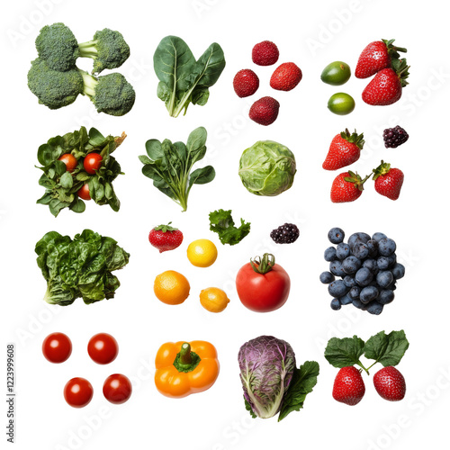 A colorful assortment of fresh vegetables and fruits on a white isolated background, showcasing healthy produce for a vibrant lifestyle.