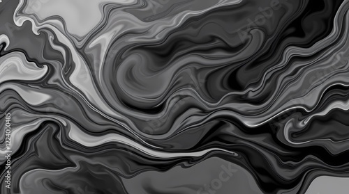 A monochromatic abstract composition featuring swirling grayscale forms, reminiscent of ink blots, rendered in a high-contrast style with sharp edges and smooth transitions, evoking a sense of