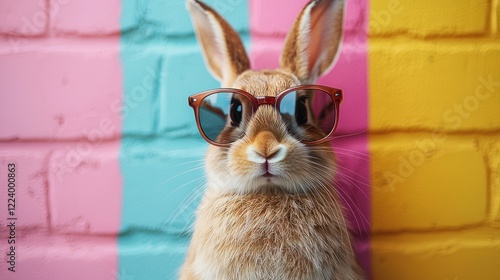 Cool Bunny in Sunglasses Against a Colorful Brick Wall
