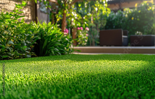 Wallpaper Mural Lush green grass in home garden with vibrant plants and seating area Torontodigital.ca