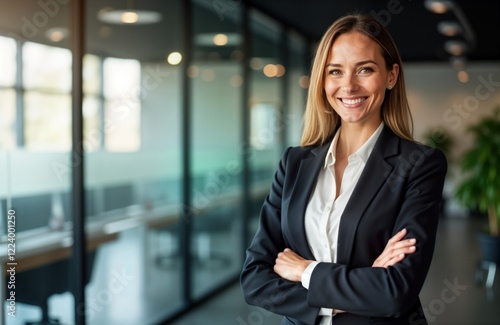 Confident businesswoman stands in modern office. Smiling woman in business suit. Formal attire indoor setting. Female leader looks at camera. Successful professional in corporate environment. Free Download Confident businesswoman stands in modern office. Smiling woman in business suit. Formal attire indoor setting. Female leader looks at camera. Successful professional in corporate environment. - GFXLoad