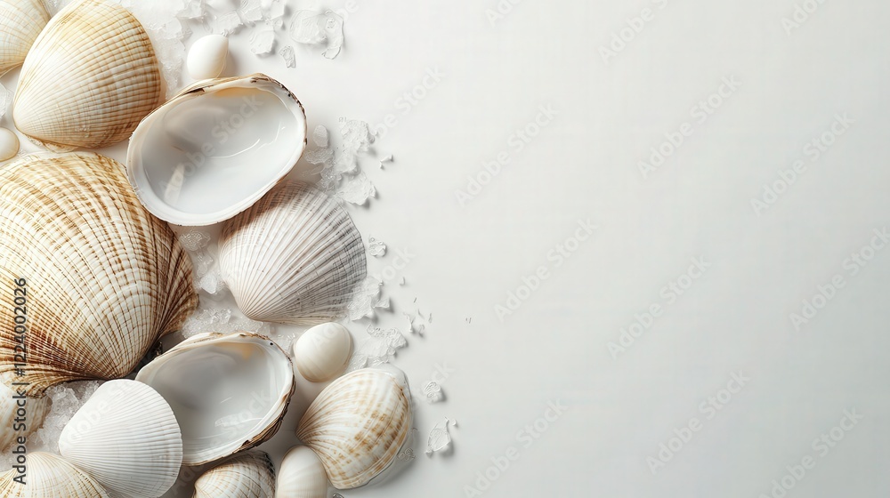 close-up of a clam and beach seashells, capturing the natural texture and beauty of these seafood items close-up of a clam and beach seashells, capturing the natural texture and beauty of these seafood items