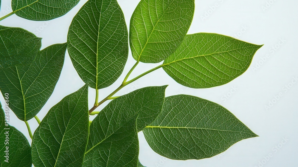 fresh green leaves from a tree, highlighting their intricate patterns against a clean white backdrop fresh green leaves from a tree, highlighting their intricate patterns against a clean white backdrop