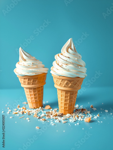 Two ice cream cones with creamy swirls topped with crumbs create a dramatic visual as pieces scatter around, highlighting themes of joy and spontaneity in a modern setup. photo