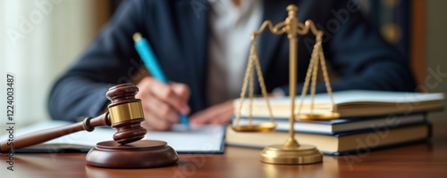 Wallpaper Mural Judge writes legal document. Wooden gavel, golden scales of justice rest on desk. Pro lawyer reviews documents. Legal work in progress. Authority figure. Fair trial concept. Business, law intersect. Torontodigital.ca