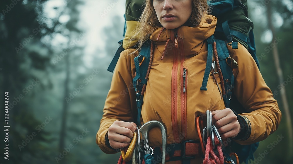 Close-up of a female climber in a sleek suit, organizing her climbing tools in her backpack, natural diffused light, theme of strategy and strength, focused editorial style Close-up of a female climber in a sleek suit, organizing her climbing tools in her backpack, natural diffused light, theme of strategy and strength, focused editorial style