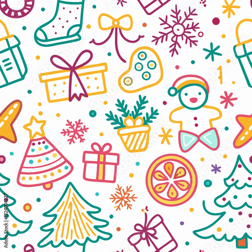 Colorful Christmas doodle seamless pattern. (2)
