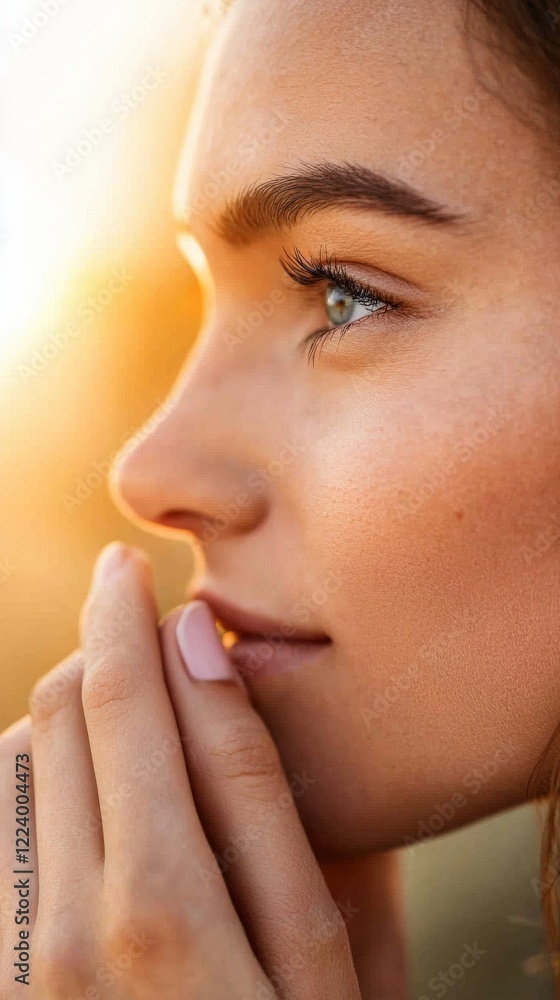 Beautiful young woman with mesmerizing eye gaze and soft sunlight illuminating her profile at sunset golden hour Beautiful young woman with mesmerizing eye gaze and soft sunlight illuminating her profile at sunset golden hour