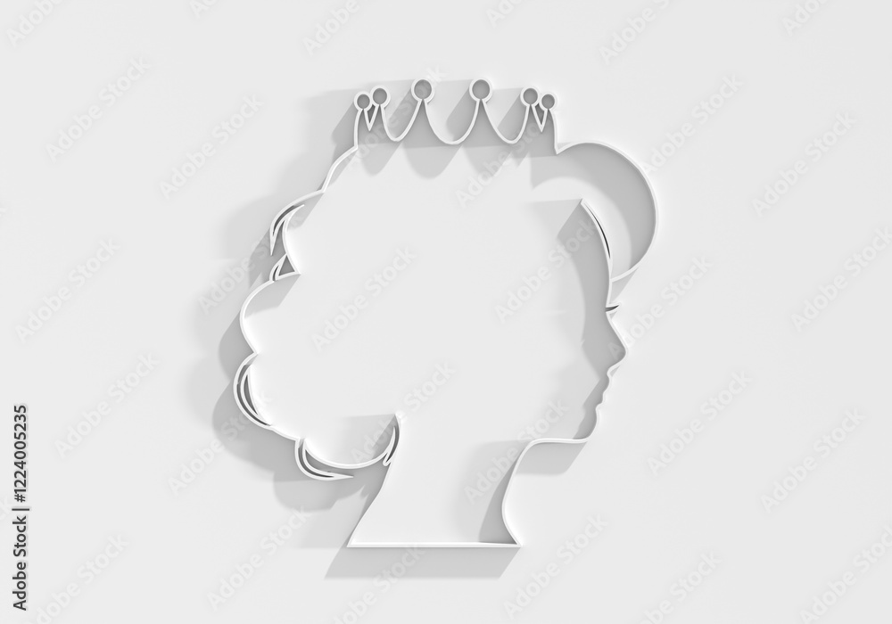 Profile view silhouette of a princess or queen. Cute girl portrait. Fashion branding emblem. 3D render Profile view silhouette of a princess or queen. Cute girl portrait. Fashion branding emblem. 3D render