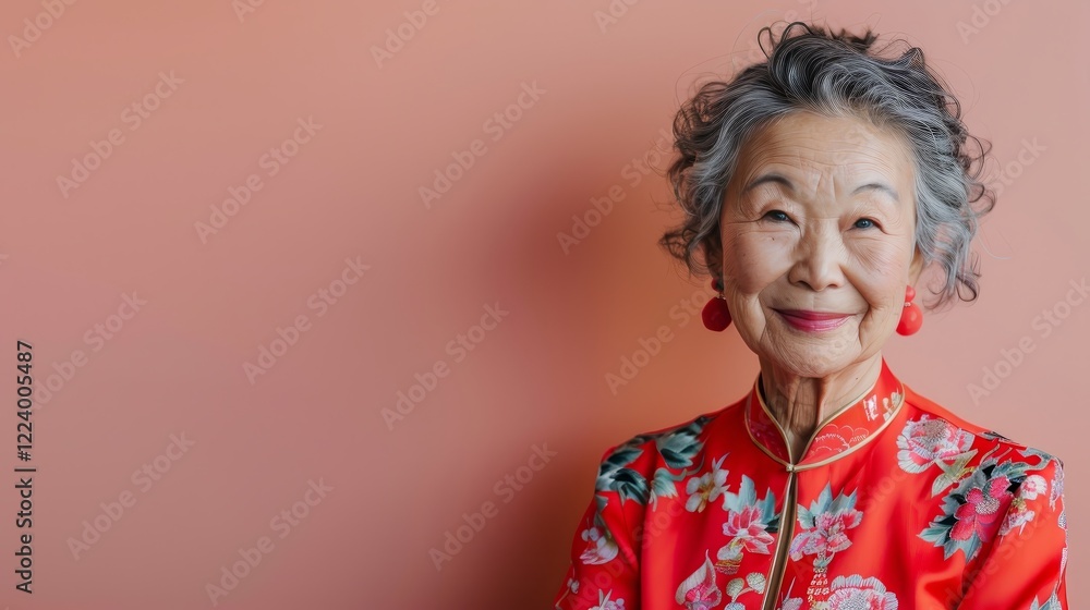 Portrait of a Smiling Senior Asian Woman in Traditional Red Dress Portrait of a Smiling Senior Asian Woman in Traditional Red Dress