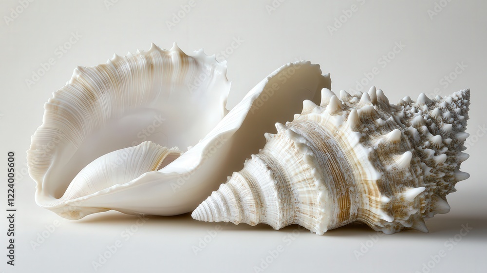 conch shell alongside a clam, emphasizing the natural elegance and intricate details of these marine creatures conch shell alongside a clam, emphasizing the natural elegance and intricate details of these marine creatures