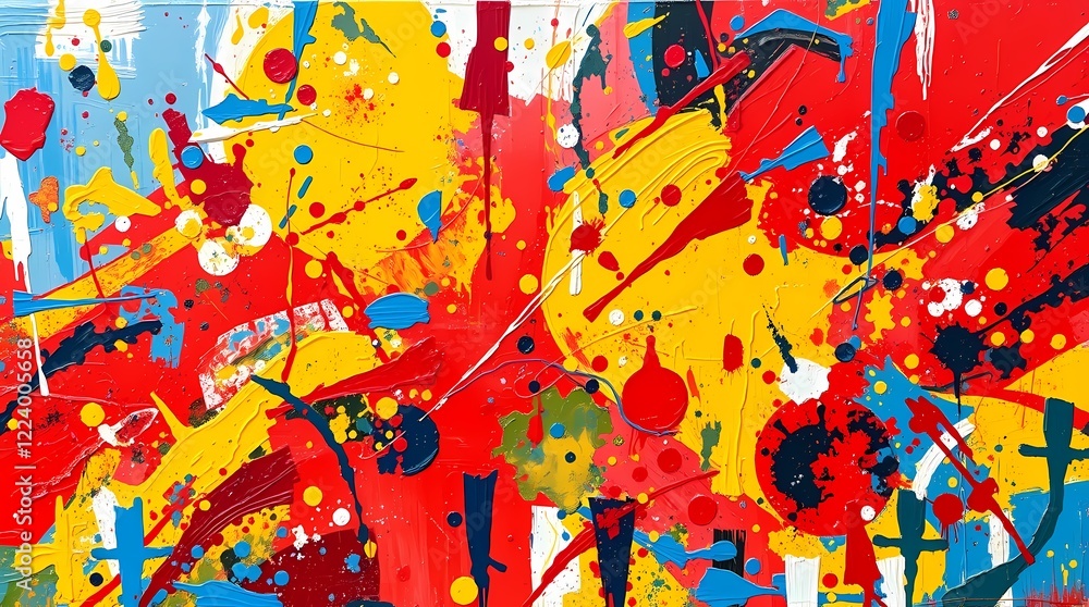 Fototapeta premium Abstract painting featuring a chaotic interplay of vibrant colors and textures, executed in impasto style, using thick layers of paint in contrasting hues of red, yellow and blue, to create a 