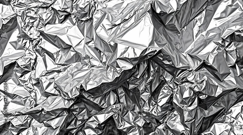 Abstract photograph of a crumpled piece of metallic foil, high contrast black and white, emphasizing the texture and reflectivity of the material, intricate details highlighted.jpg