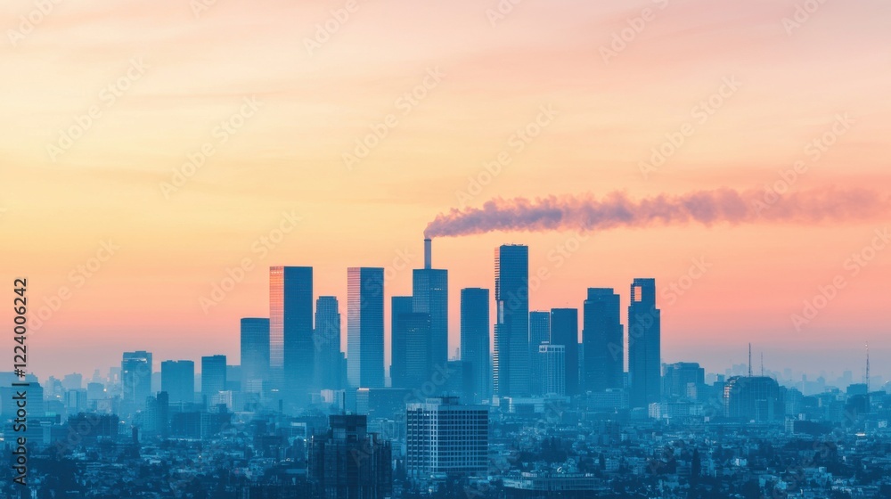 Fototapeta premium PM2.5 protect concept. Dramatic Cityscape at Sunset with Visible Urban Air Pollution