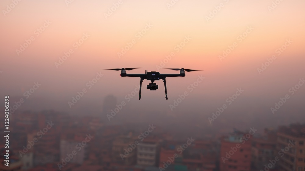PM2.5 protect concept. Drone Monitoring Air in Smoggy Urban City at Sunset PM2.5 protect concept. Drone Monitoring Air in Smoggy Urban City at Sunset