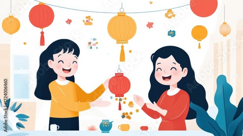 Two Friends Celebrating a Festival with Colorful Lanterns and Decorations in a Bright, Cheerful Setting