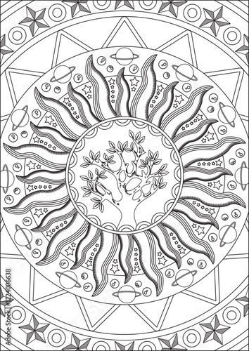 Astrology coloring page mandala for adults coloring page, sun with ornaments line.