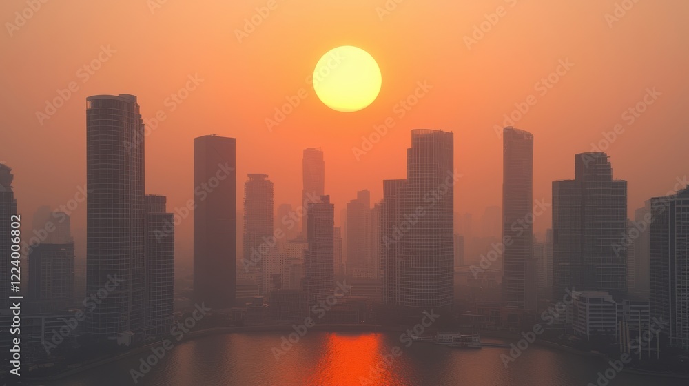 Fototapeta premium PM2.5 protect concept. Hazy Sunset Over a Sprawling City Skyline with Skyscrapers
