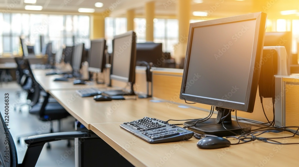 Office computers, desks, keyboard, mouse, sunlit room, workspace Office computers, desks, keyboard, mouse, sunlit room, workspace