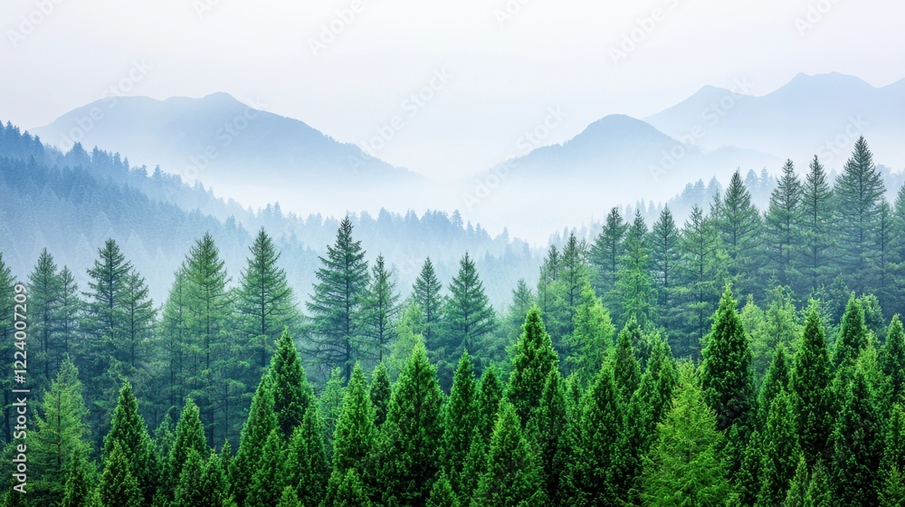 Obraz premium PM2.5 protect concept. Misty Mountain Landscape with Towering Pine Forest Shrouded in Ethereal Fog