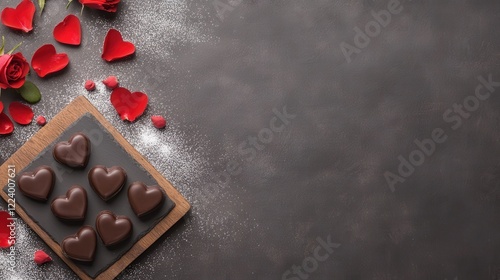 Romantic chocolate hearts on a dark background with red rose petals and powdered sugar decoration for Valentine’s Day
