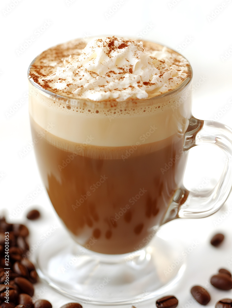 Gourmet Coffee With Whipped Cream And Sprinkled Chocolate In Glassware With Coffee Beans : Generative AI Gourmet Coffee With Whipped Cream And Sprinkled Chocolate In Glassware With Coffee Beans : Generative AI