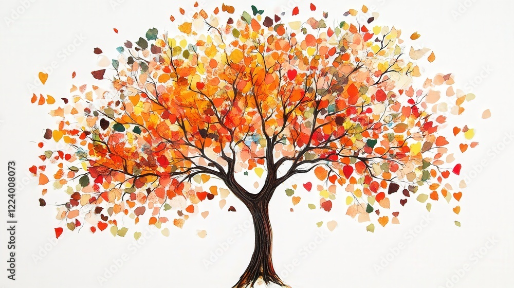 Detailed drawing of an autumn tree with colorful leaves and plant details on a white background Detailed drawing of an autumn tree with colorful leaves and plant details on a white background