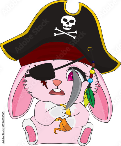 Pirate rabbit with hat eyepatch sword vector bunny character mascot