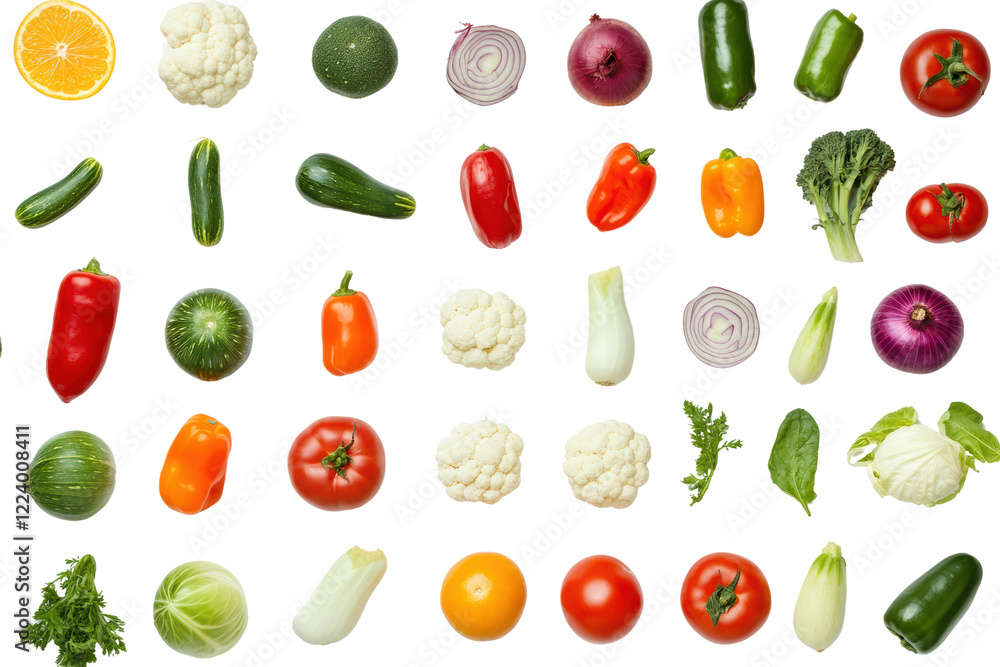custom made wallpaper toronto digitalAn assortment of fresh vegetables including bell peppers, onions, tomatoes, and broccoli, displayed on a white isolate background.