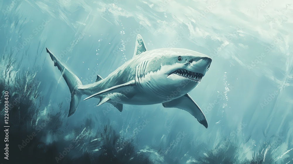 illustration of a shark in its natural underwater environment, highlighting its powerful build and elegant design against a white canvas illustration of a shark in its natural underwater environment, highlighting its powerful build and elegant design against a white canvas