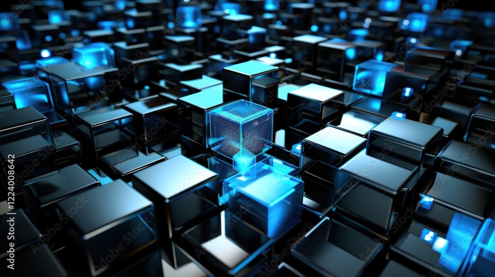 Fototapeta premium Abstract Digital Cubes: Glowing Blue in Dark Metallic