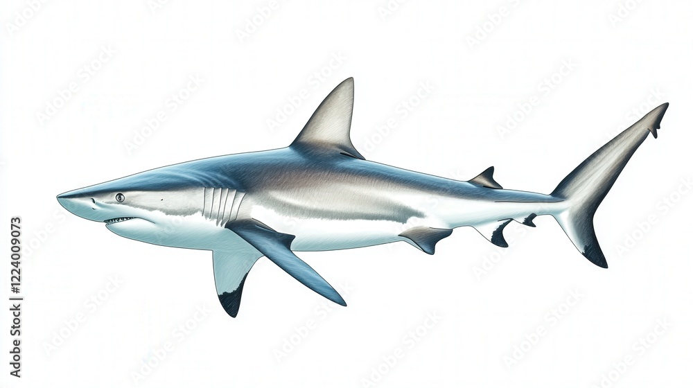 shark gliding underwater, capturing its natural elegance and powerful presence on a clean white canvas shark gliding underwater, capturing its natural elegance and powerful presence on a clean white canvas